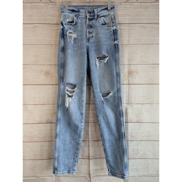 AriZona Denim - Arizona Women's Juniors Size 1 Blue High Rise Distressed Curvy Stretch Mom Jean